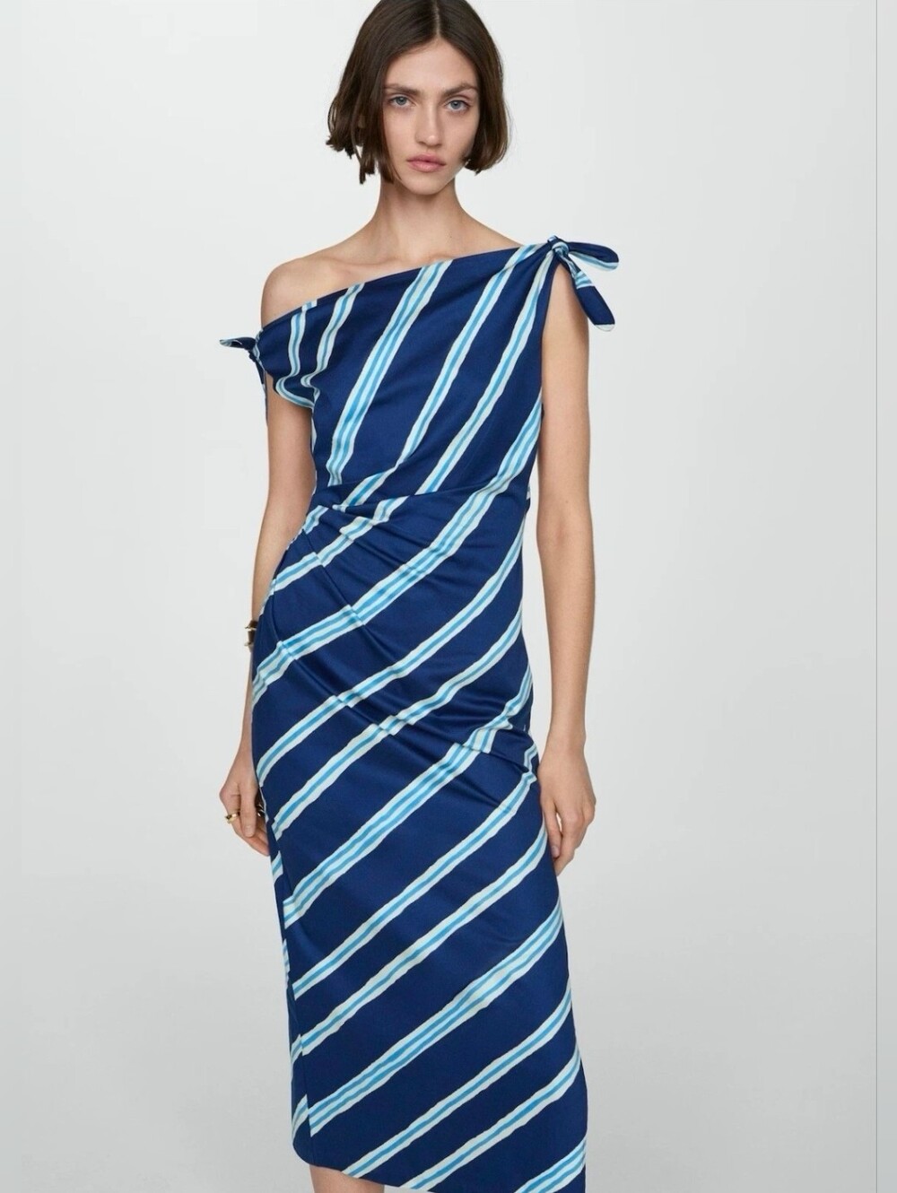Mango Salome Striped Midi Dress Navy Blue White Bare Shoulder Ties Size XS